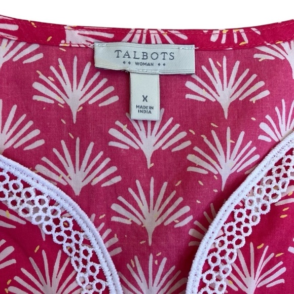 Talbots Pink White Fan Print Poplin Popover Blouse Lace Trim 3/4 Sleeves Sz X - Picture 13 of 16